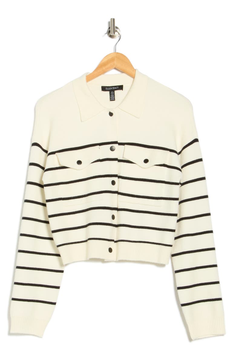 Ellen Tracy Stripe Collared Crop Cardigan, Alternate, color, Marshmallow/ Black Stripe
