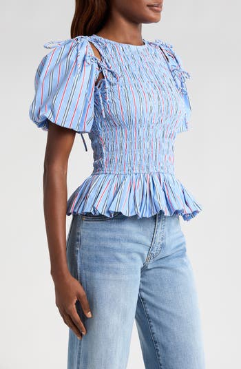 Becca Stripe Cutout Smocked Organic Cotton Peplum Top