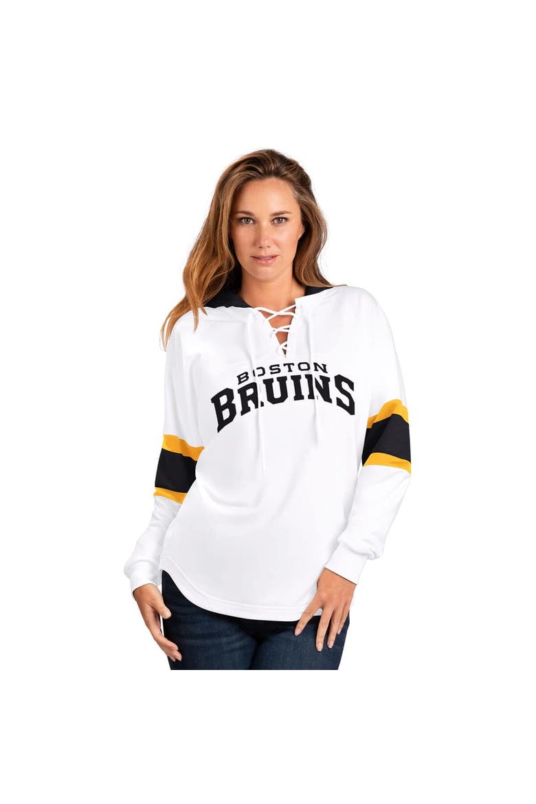 Women's G-III 4Her by Carl Banks  White Boston Bruins Goal Zone Long Sleeve Lace-Up Hoodie T-Shirt, Main, color, White