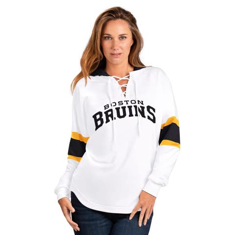 Women
s G-III 4Her by Carl Banks  White Boston Bruins Goal Zone Long Sleeve Lace-Up Hoodie T-Shirt