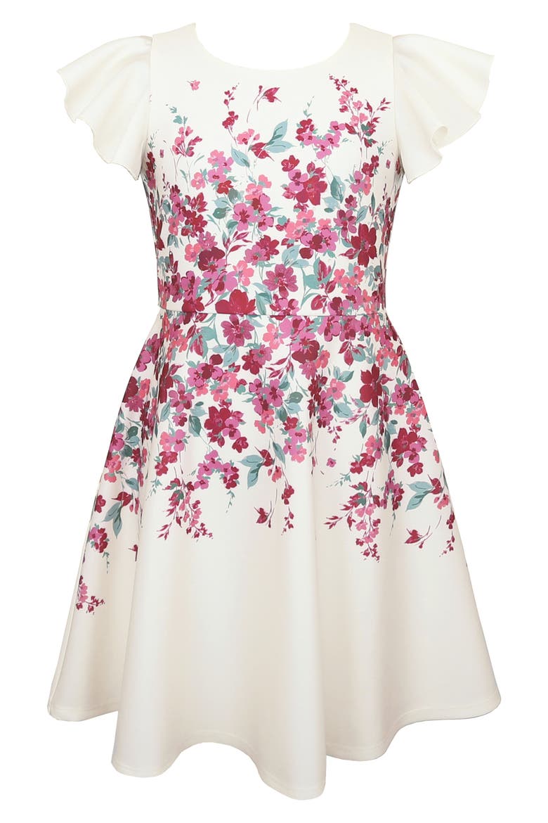 Kids' Flutter Sleeve Scuba Skater Dress, Main, color, IVORY FLORAL