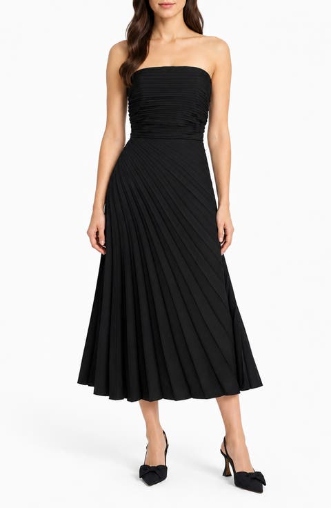 Pleated Satin Strapless Midi Dress