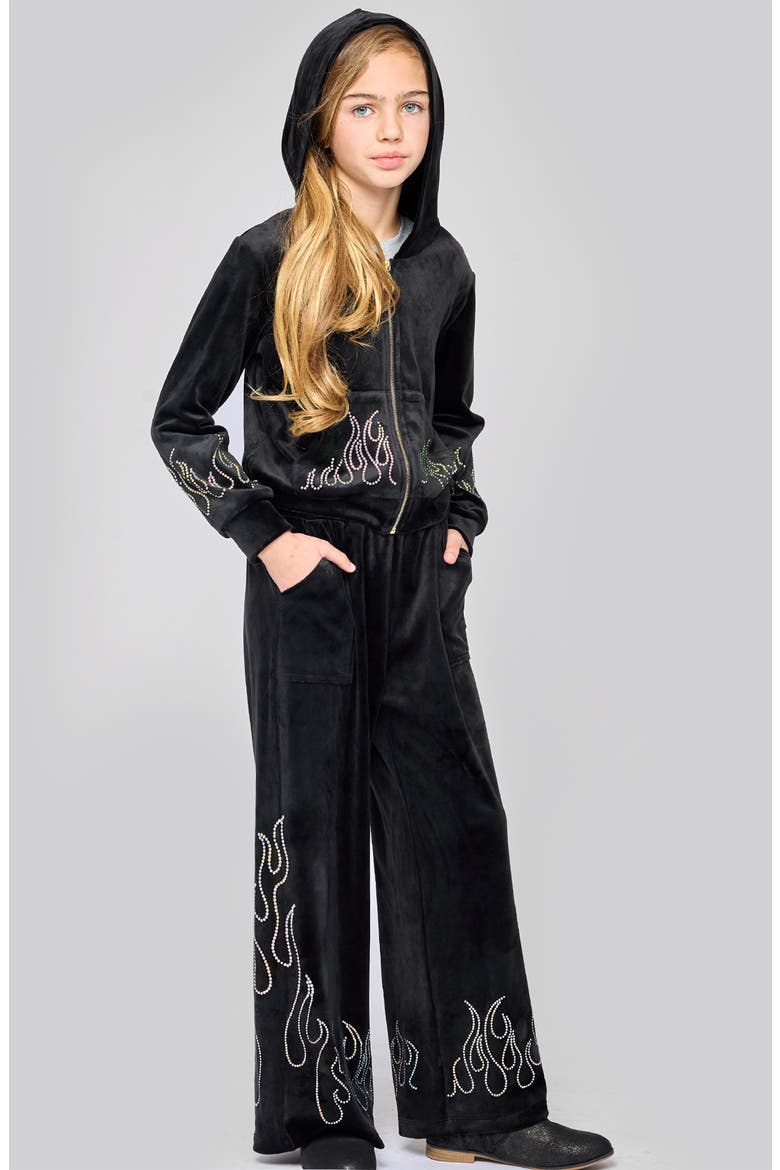 Kids' Crystal Flame Velour Wide Leg Pants, Alternate, color, BLACK
