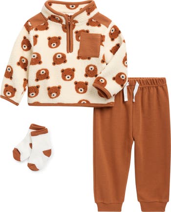 Bear Faux Shearling Quarter Zip Sweatshirt, Joggers & Socks Set