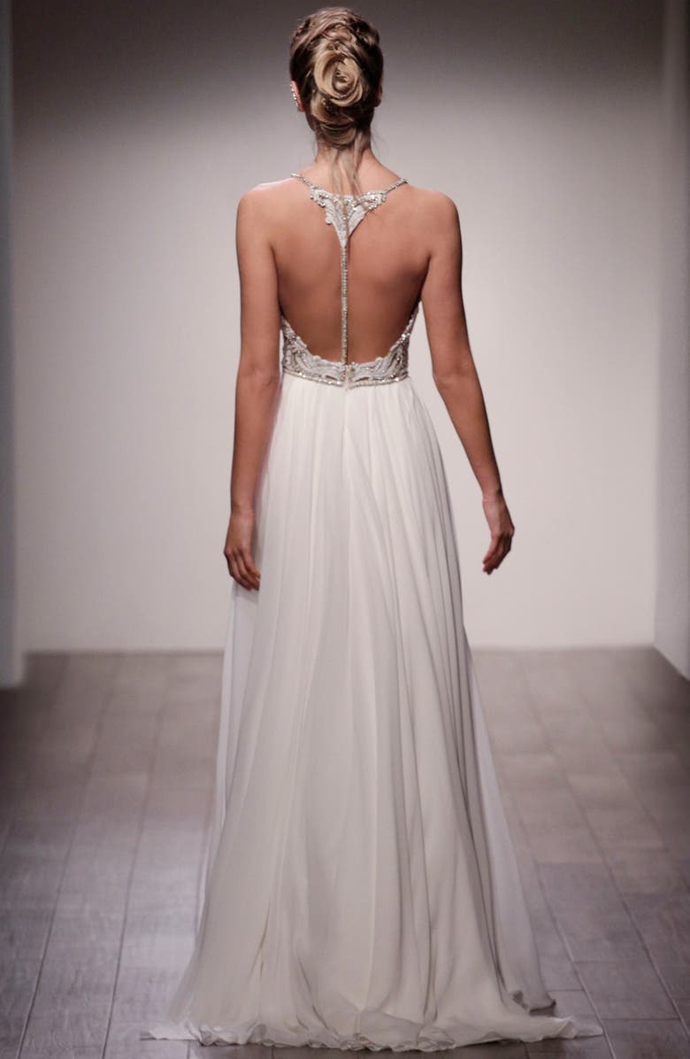 Hayley Paige Teresa T-Strap Back Embellished Chiffon A-Line Gown, Alternate, color,