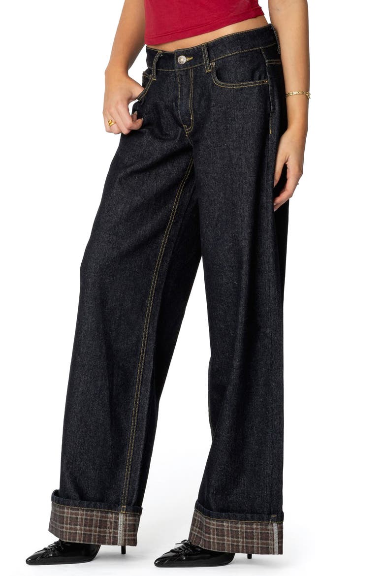 Plaid Cuff Wide Leg Jeans, Alternate, color, BLUE