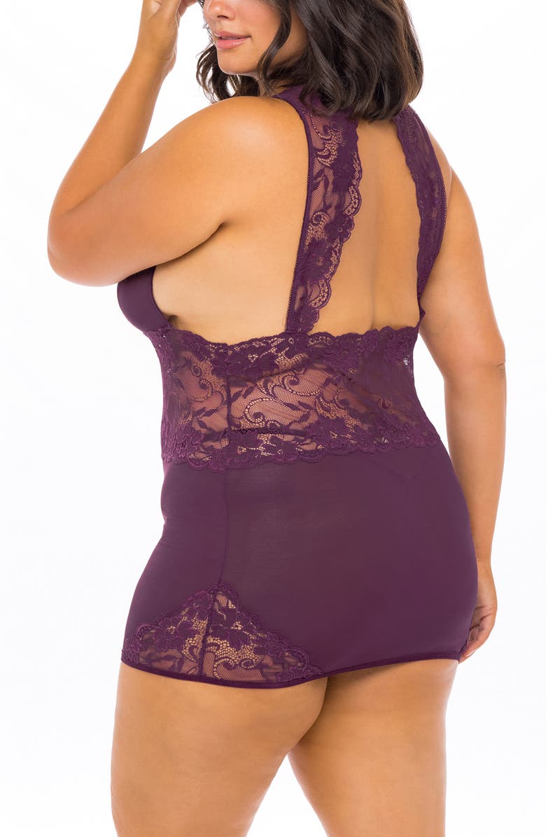 Oh La La Cheri Plunge Neck Lace & Mesh Babydoll Chemise & G-String Thong, Alternate, color, 