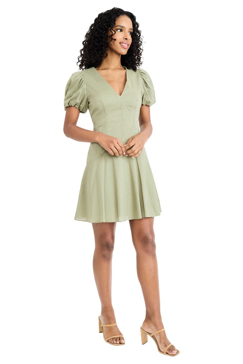 V-Neck Puff Sleeve A-Line Minidress, Alternate, color, OIL GREEN