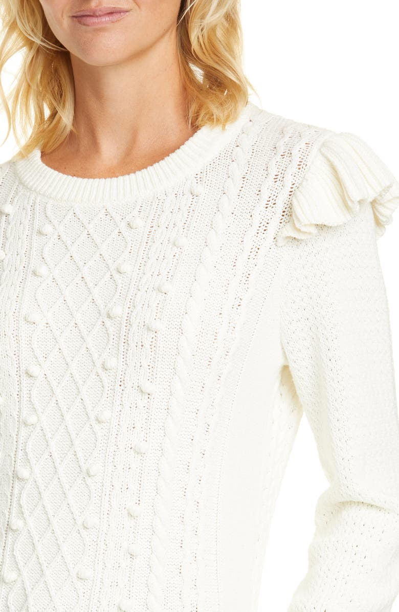 Veronica Beard Earl Ruffle Shoulder Cable Knit Sweater, Alternate, color,