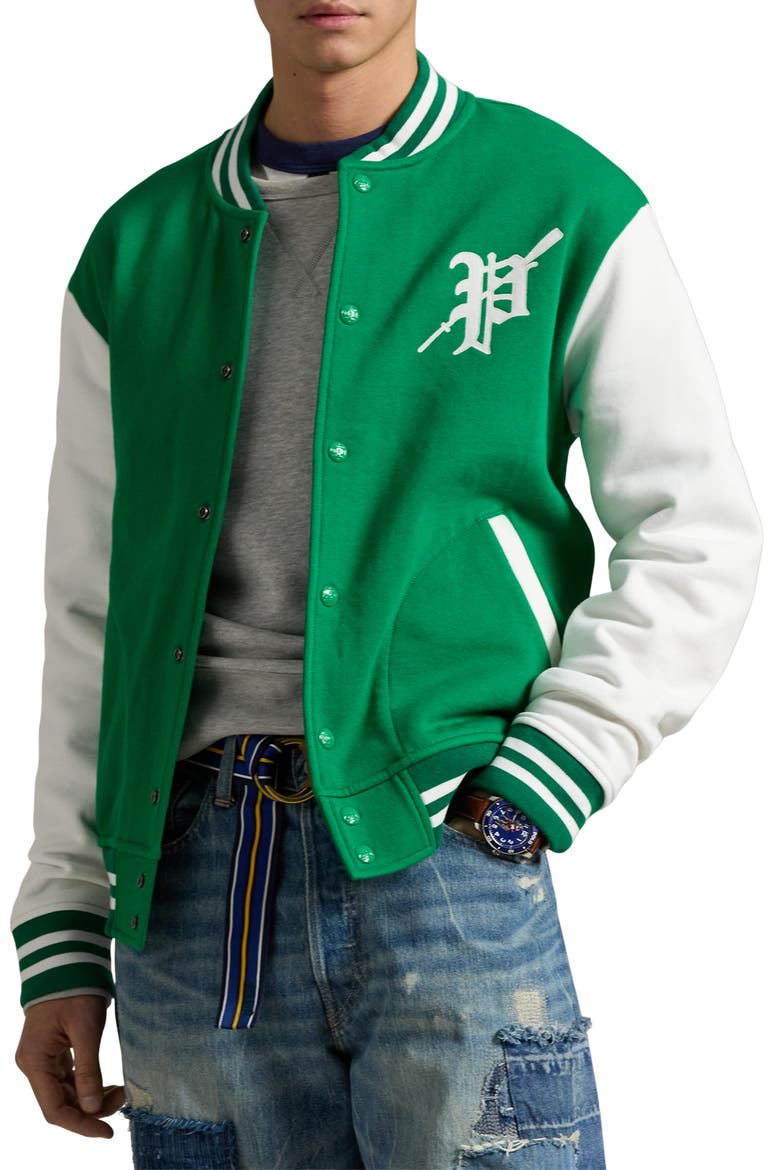 Graphic Fleece Baseball Jacket, Main, color, CRUISE GREEN/NEVIS