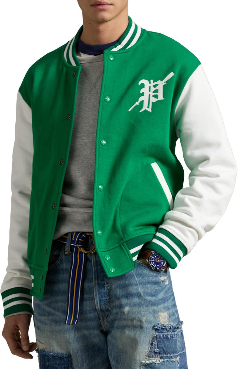 Polo Ralph Lauren Graphic Fleece Baseball Jacket, Main, color, Cruise Green/Nevis