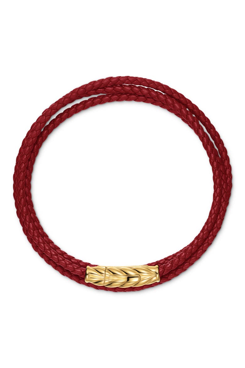 Men's Chevron Triple Wrap Bracelet in Leather with 18K Yellow Gold, 3mm, Alternate, color, RED