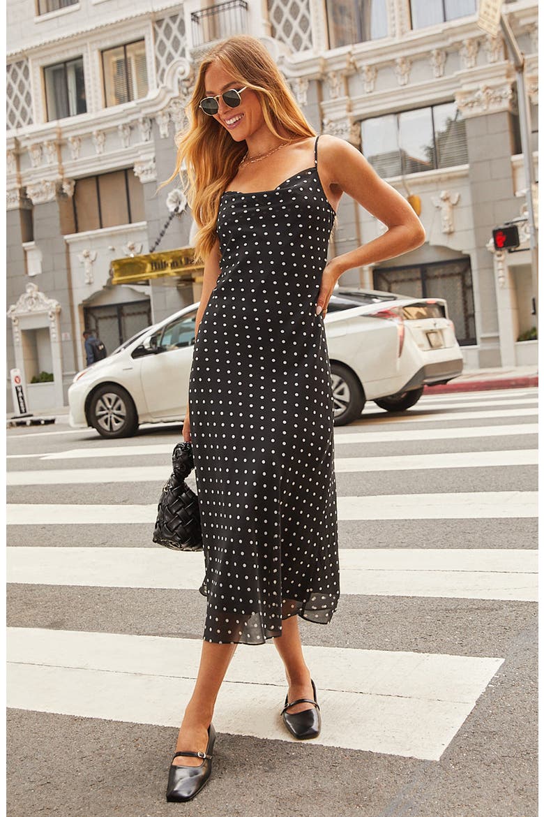 Ainsley Polka Dot Midi Slipdress, Alternate, color, BLACK