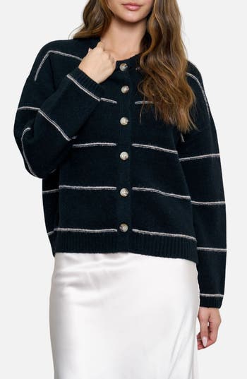 Blu Pepper Stripe Crewneck Cardigan In Black