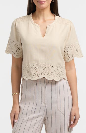 Ellen Tracy Embroidered Eyelet Short Sleeve Popover Top