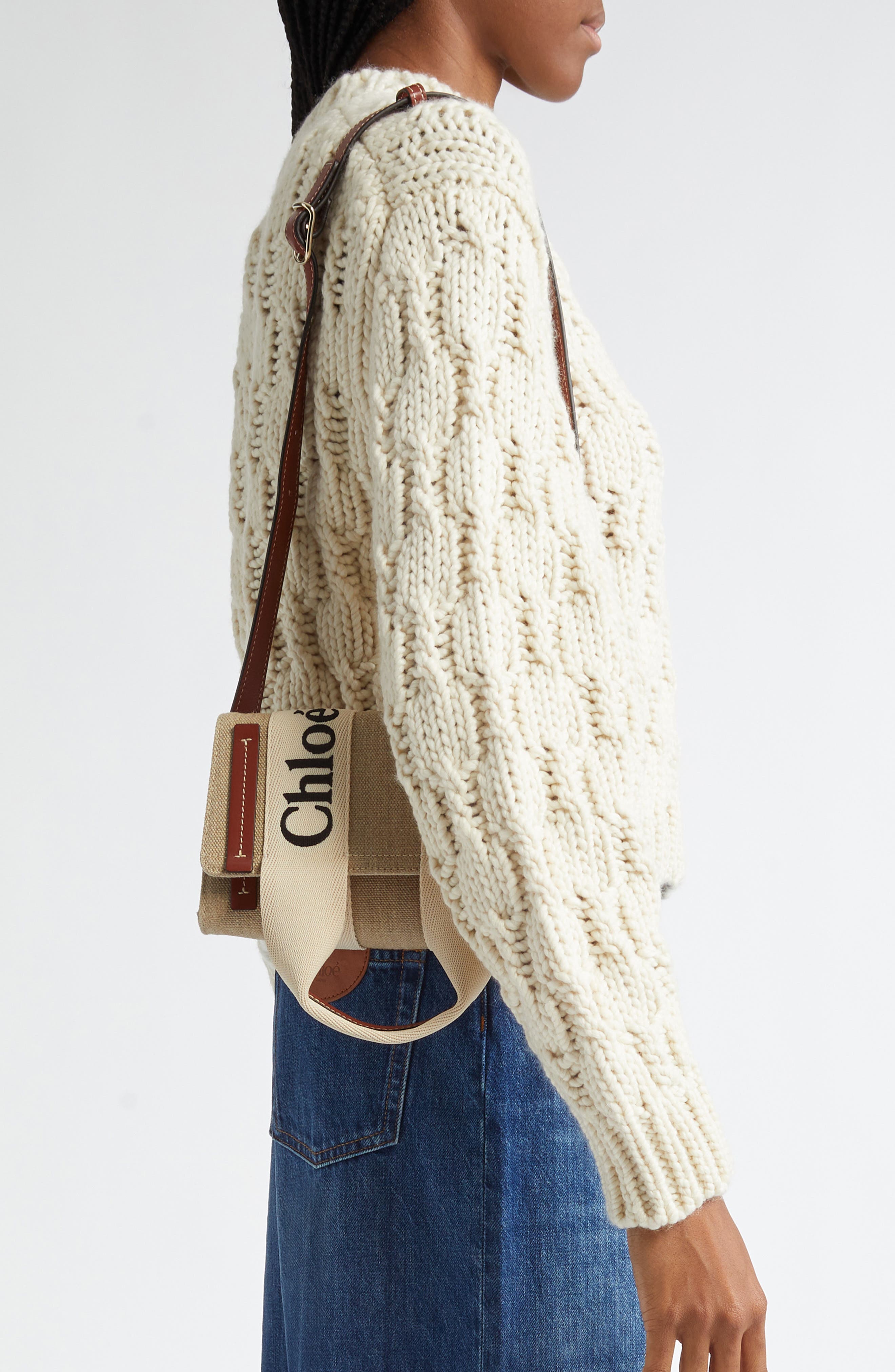 Small Woody Canvas Shoulder Bag, Alternate, color, WHITE - BROWN