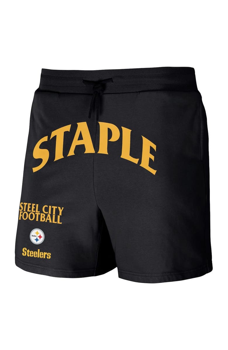 STAPLE Men's NFL x Staple Black Pittsburgh Steelers Throwback Vintage Wash Fleece Shorts, Alternate, color, 