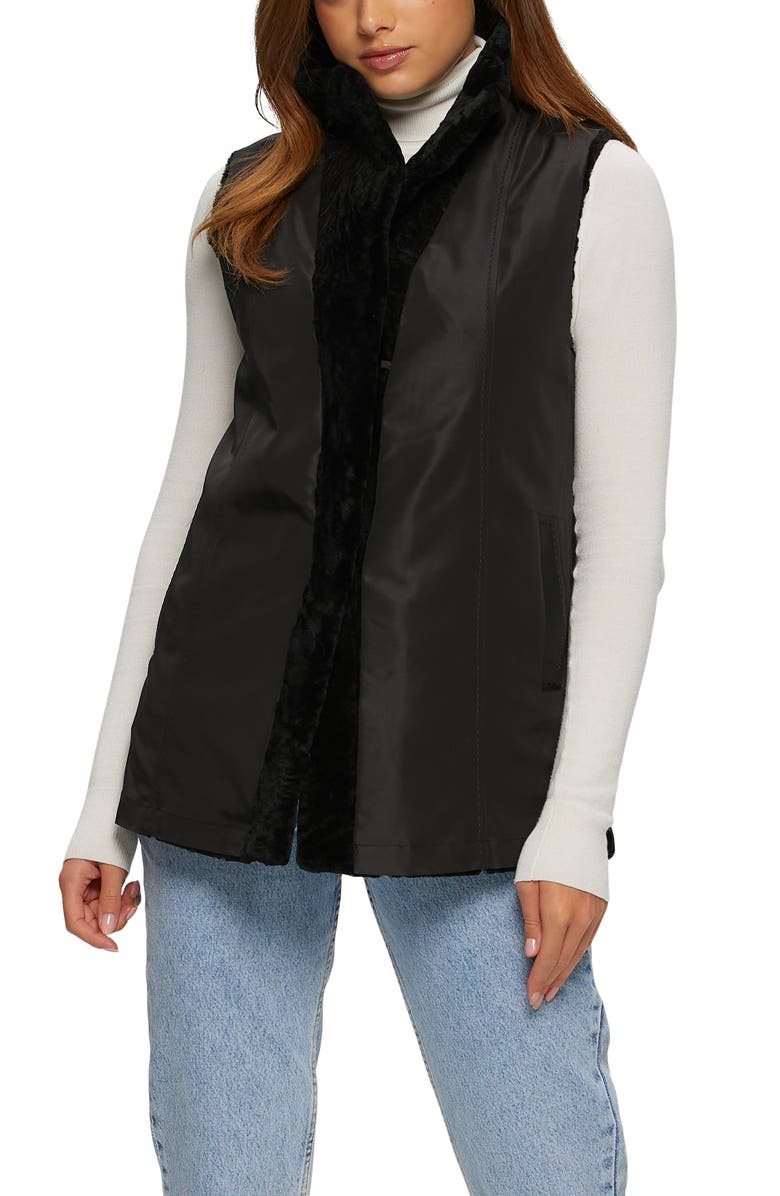 GORSKI Genuine Shearling Hooded Vest Reversible To Taffeta, Alternate, color, Black/Black