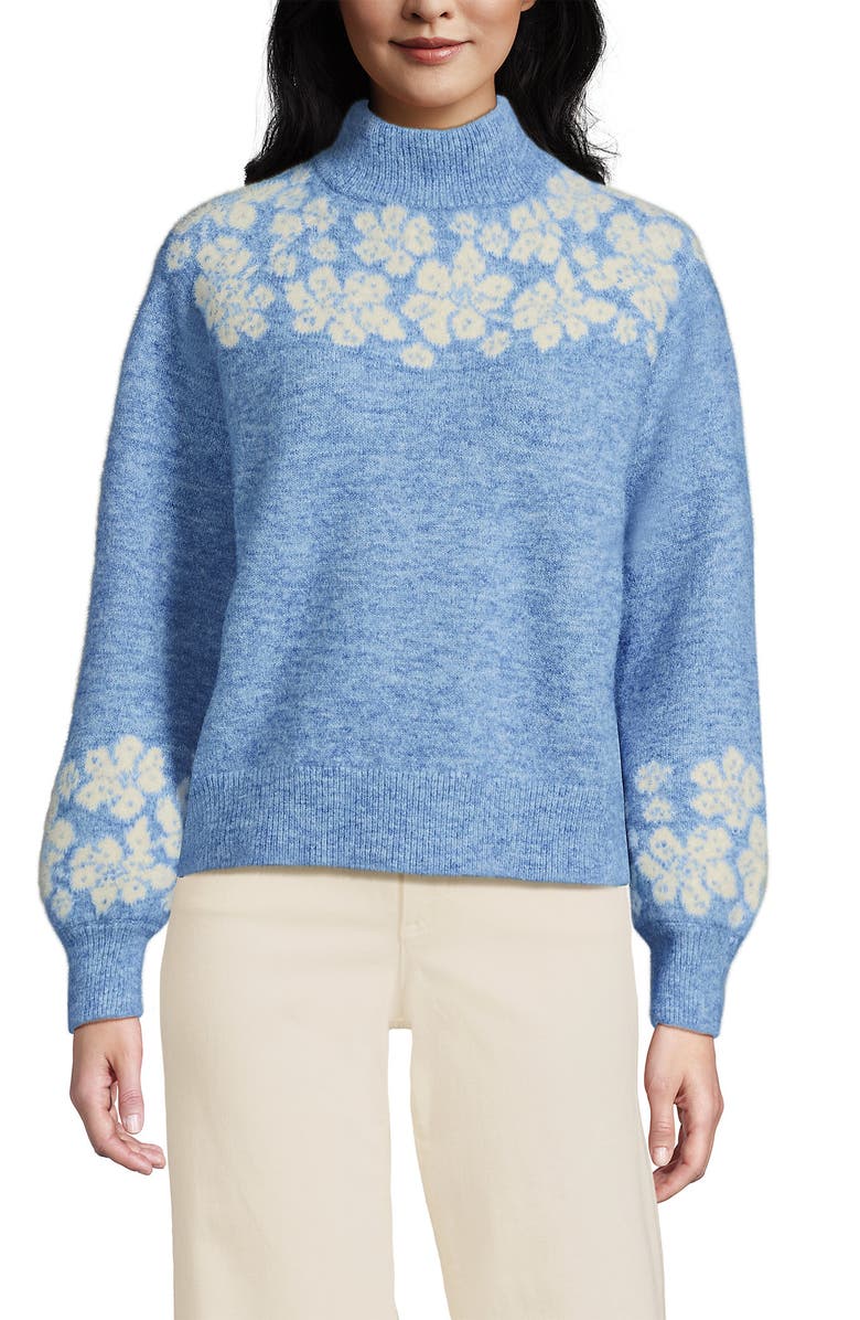 Lands' End Fuzzy Turtleneck Lantern Sleeve Jacquard Sweater, Alternate, color, Clear Blue Sky Heather