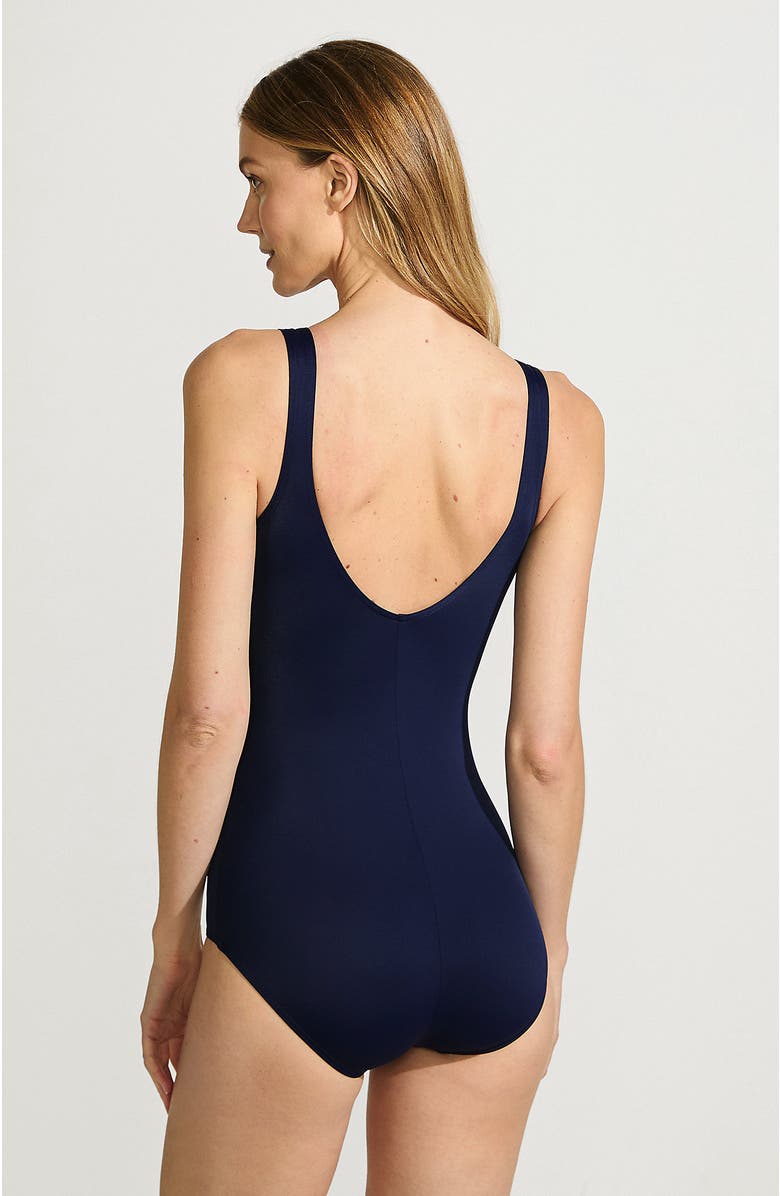 Lands' End D-Cup Chlorine Resistant Scoop Neck Soft Cup Tugless Sporty One Piece Swimsuit Print, Alternate, color, Deep Sea Navy