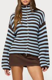 EDIKTED Stripe Mock Neck Zip Sweater