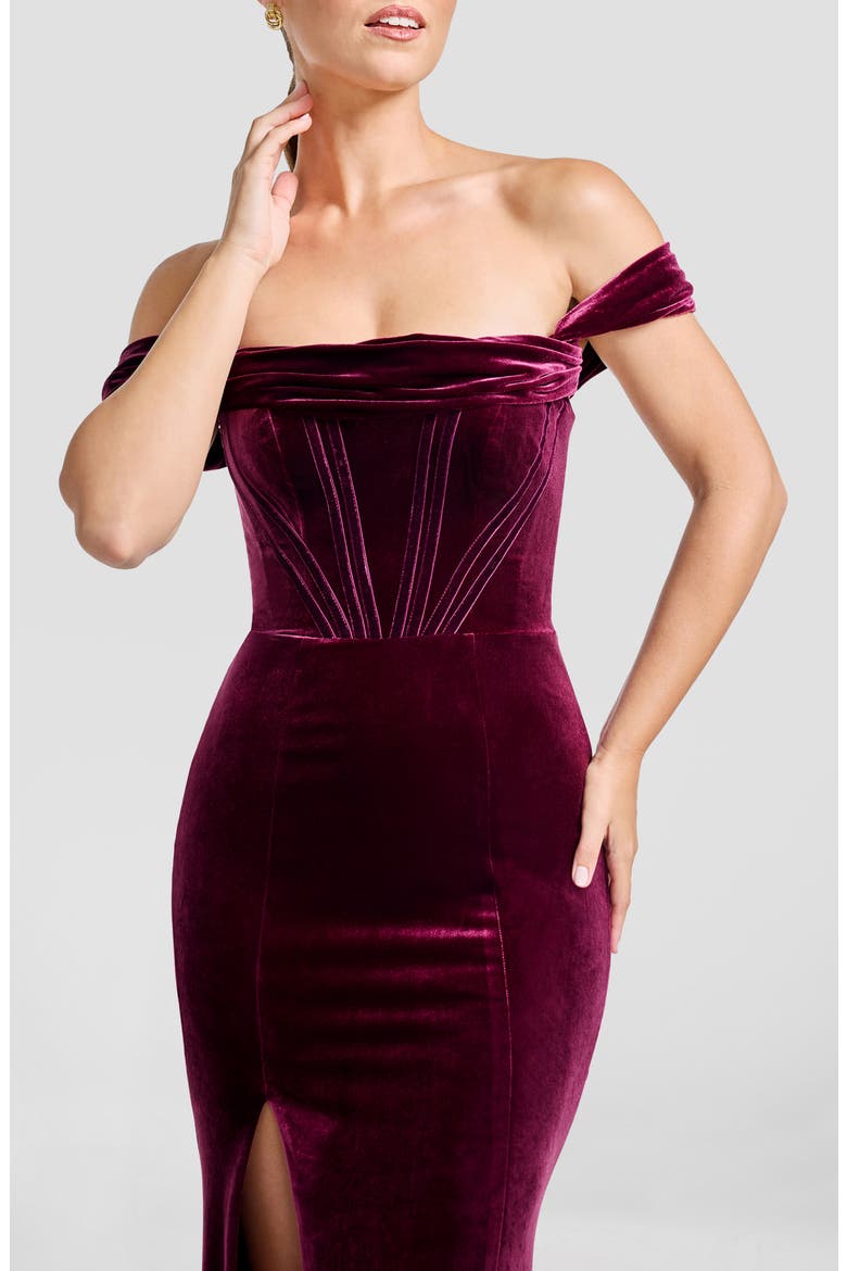 Melania Off the Shoulder Velvet Gown, Alternate, color, DARK CHERRY