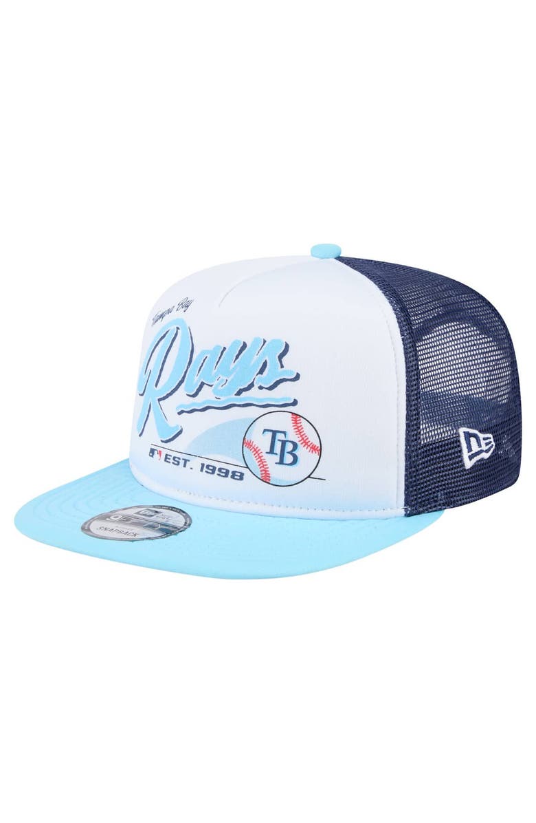 New Era Men's New Era White/Light Blue Tampa Bay Rays Retro Script Trucker 9FIFTY Snapback Hat, Main, color, White