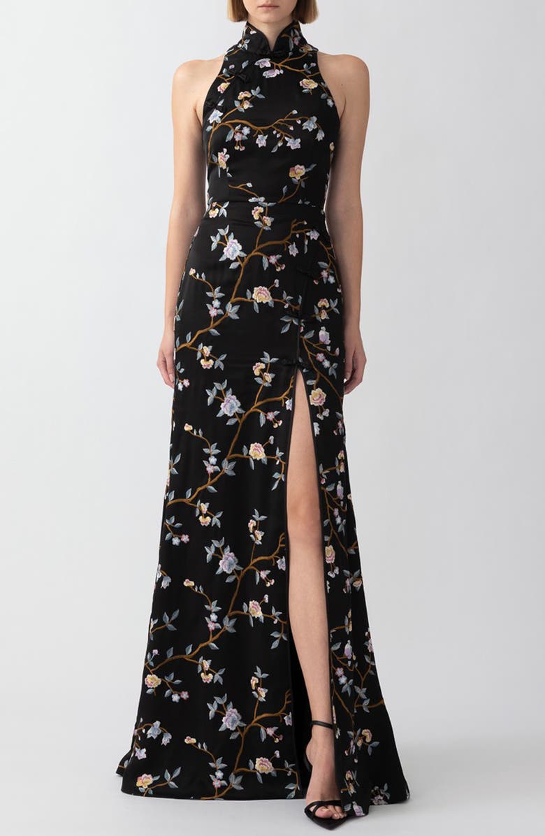 SAU LEE Ariana Floral Embroidered Gown, Main, color, Black