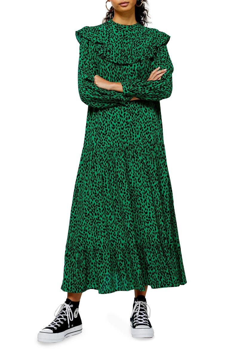Animal Print Long Sleeve Prairie Dress, Main, color, GREEN MULTI