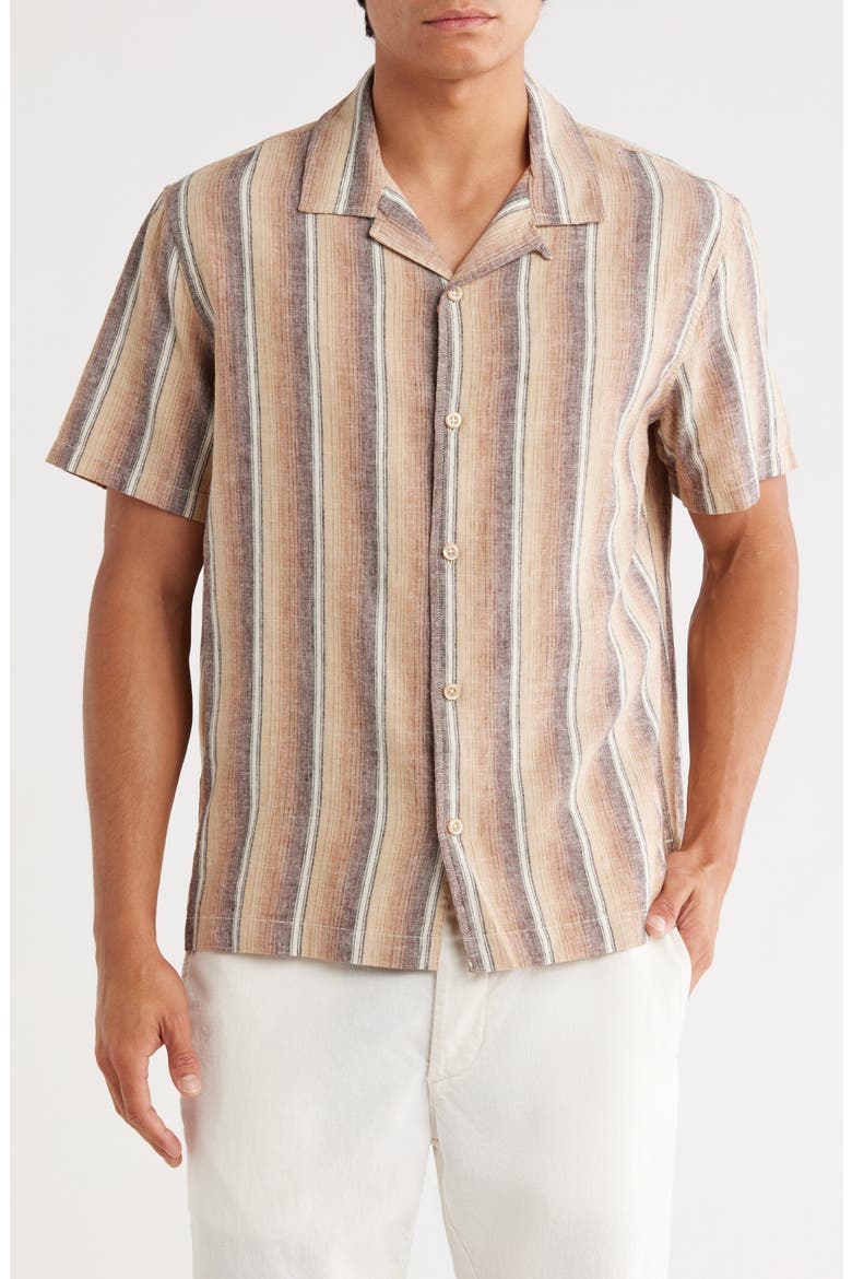 Linen & Cotton Camp Shirt, Main, color, IVORY- BROWN SUNSET STRIPE