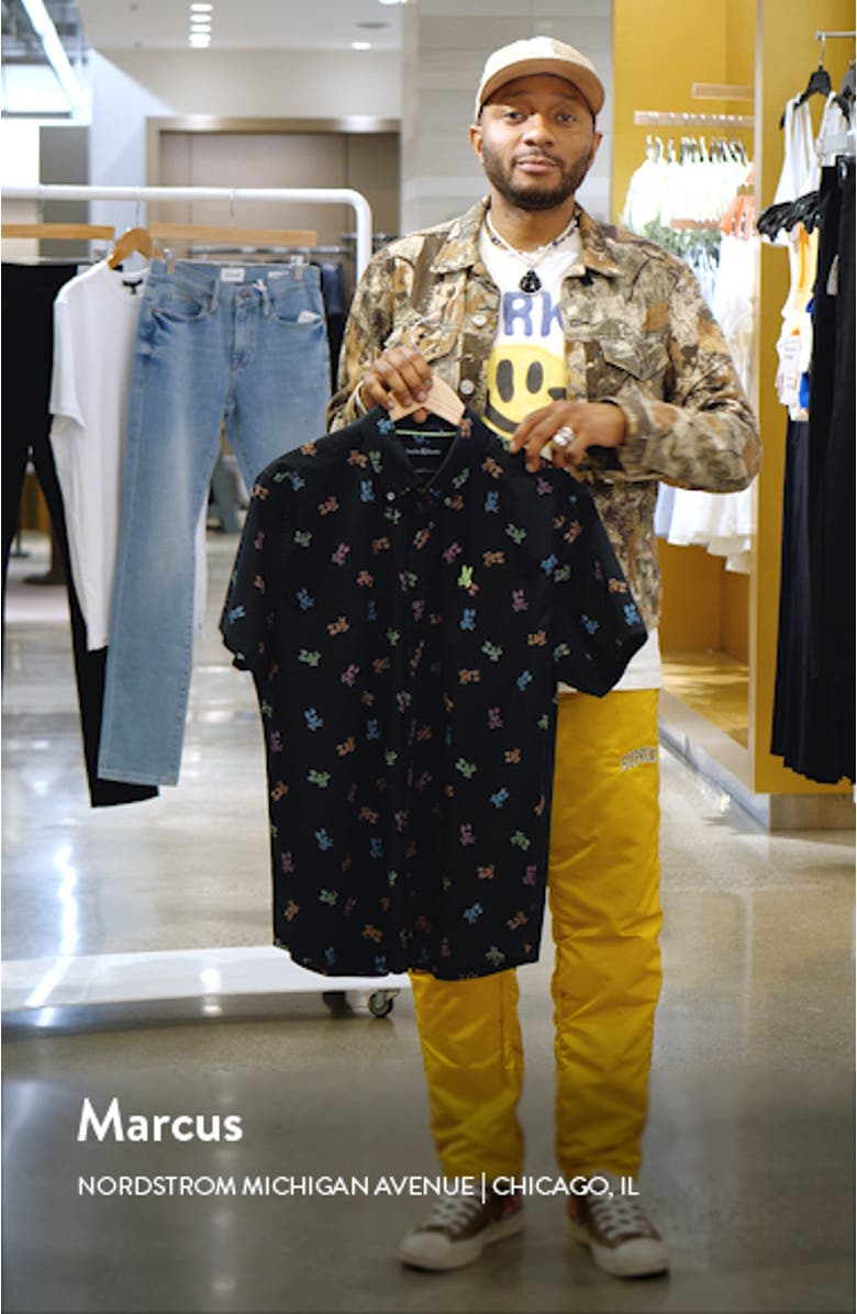 Bunny Print Stretch Short Sleeve Button-Down Shirt, sales video thumbnail