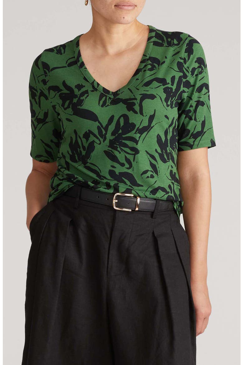 Lily Liquid Jersey V-Neck T-Shirt, Main, color, GREEN SGRAFITTO PRINT