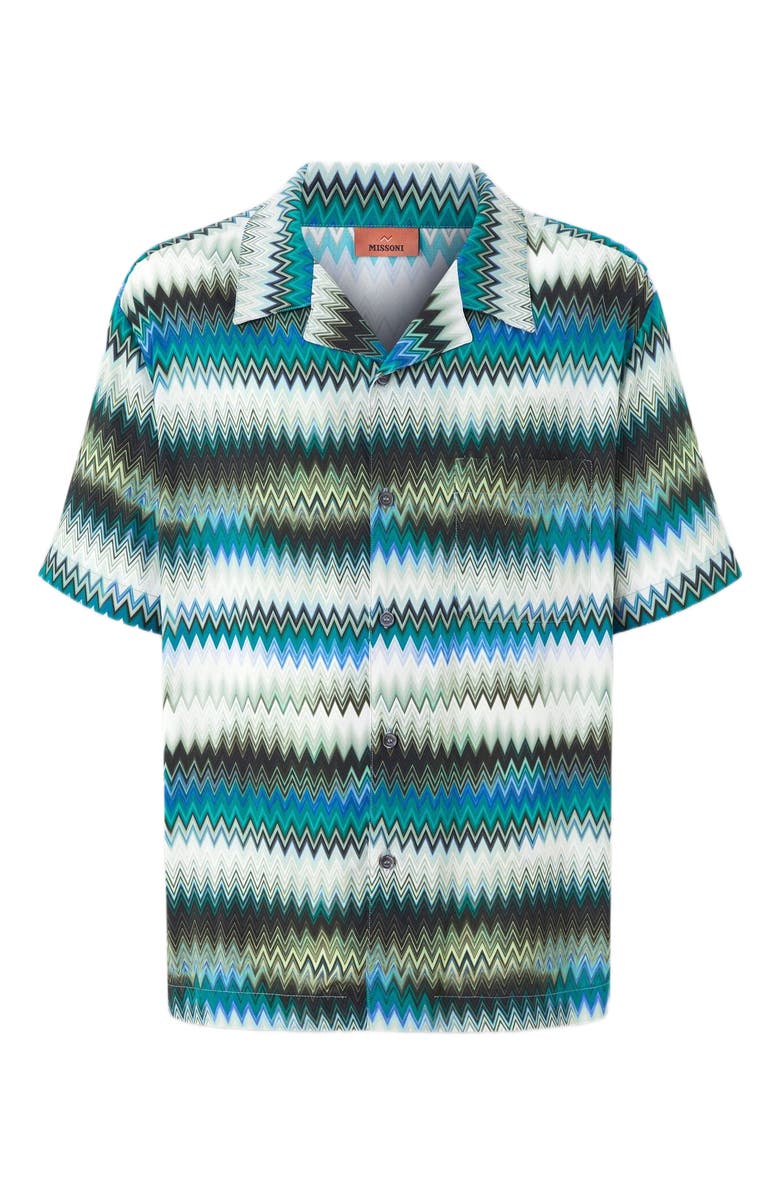 Missoni Bowling Shirt With Gradient Micro Zig Zag Print And Breast Pocket, Alternate, color, Green