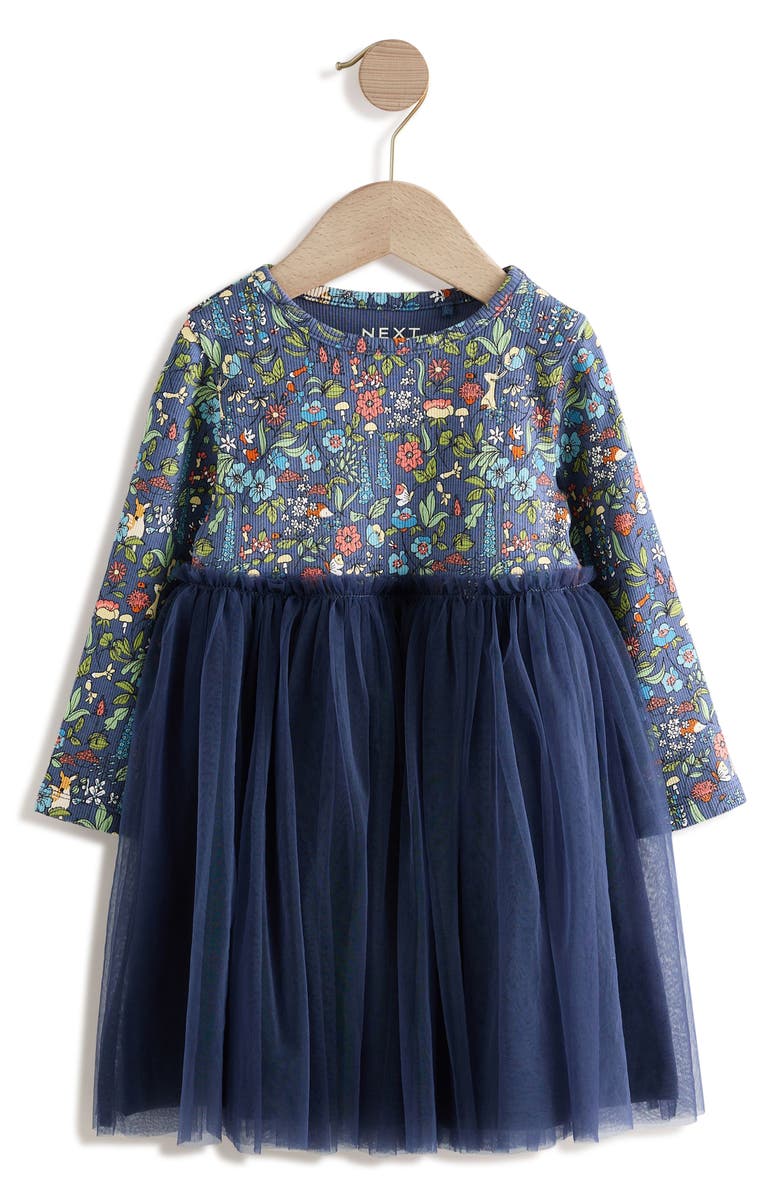 NEXT Kids' Floral Mixed Media Long Sleeve Tulle Dress, Main, color, Blue