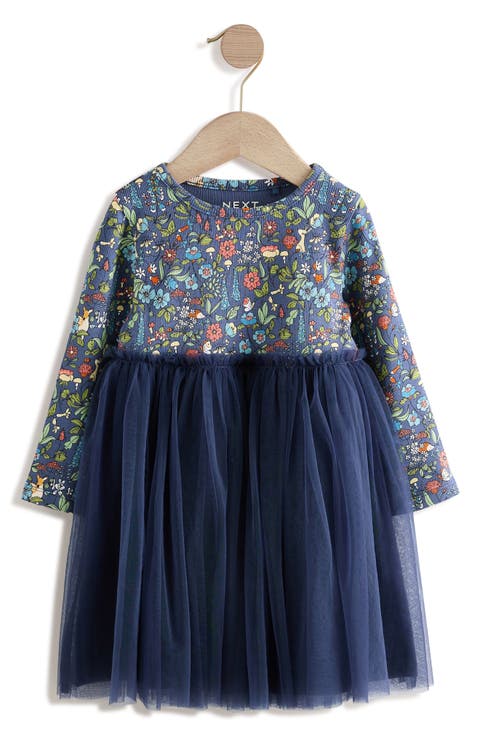 Kids' Floral Mixed Media Long Sleeve Tulle Dress (Little Kid)