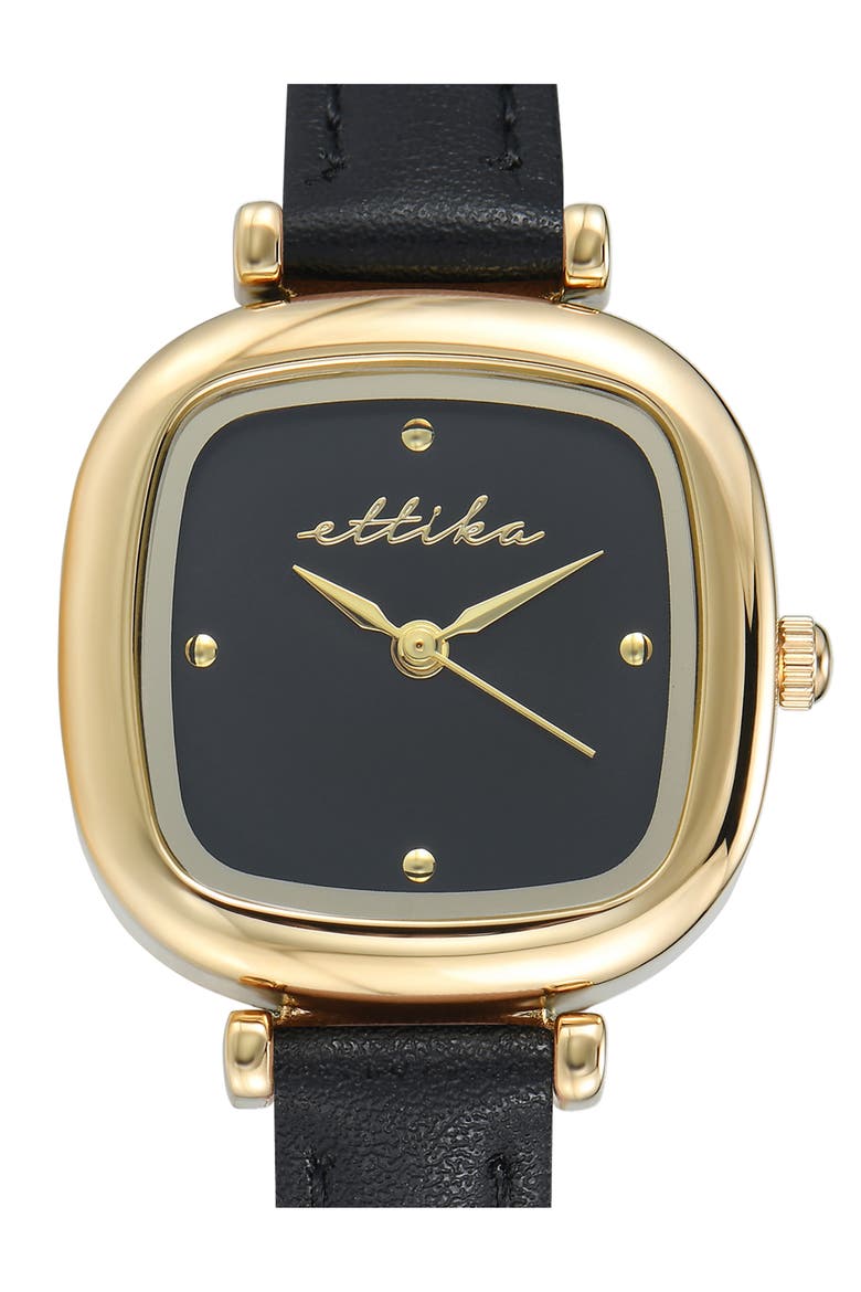 Square Case Leather Strap Watch, Alternate, color, BLACK