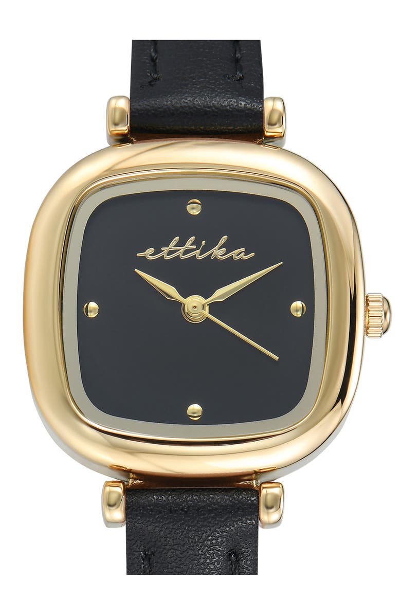 Ettika Rounded Quartz Leather Strap Watch, 26mm, Alternate, color, Black