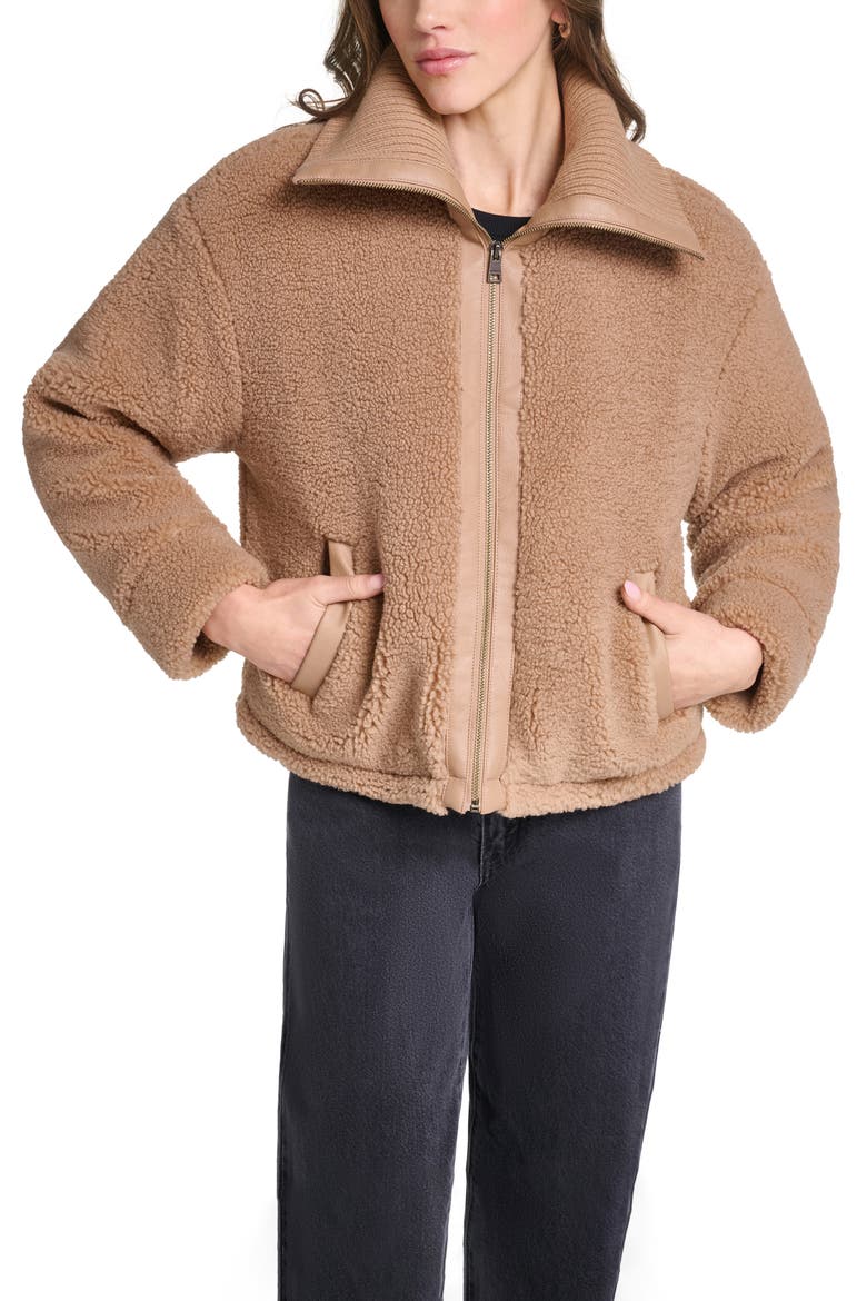Floral Print Faux Shearling Bomber Jacket, Main, color, CHESTNUT