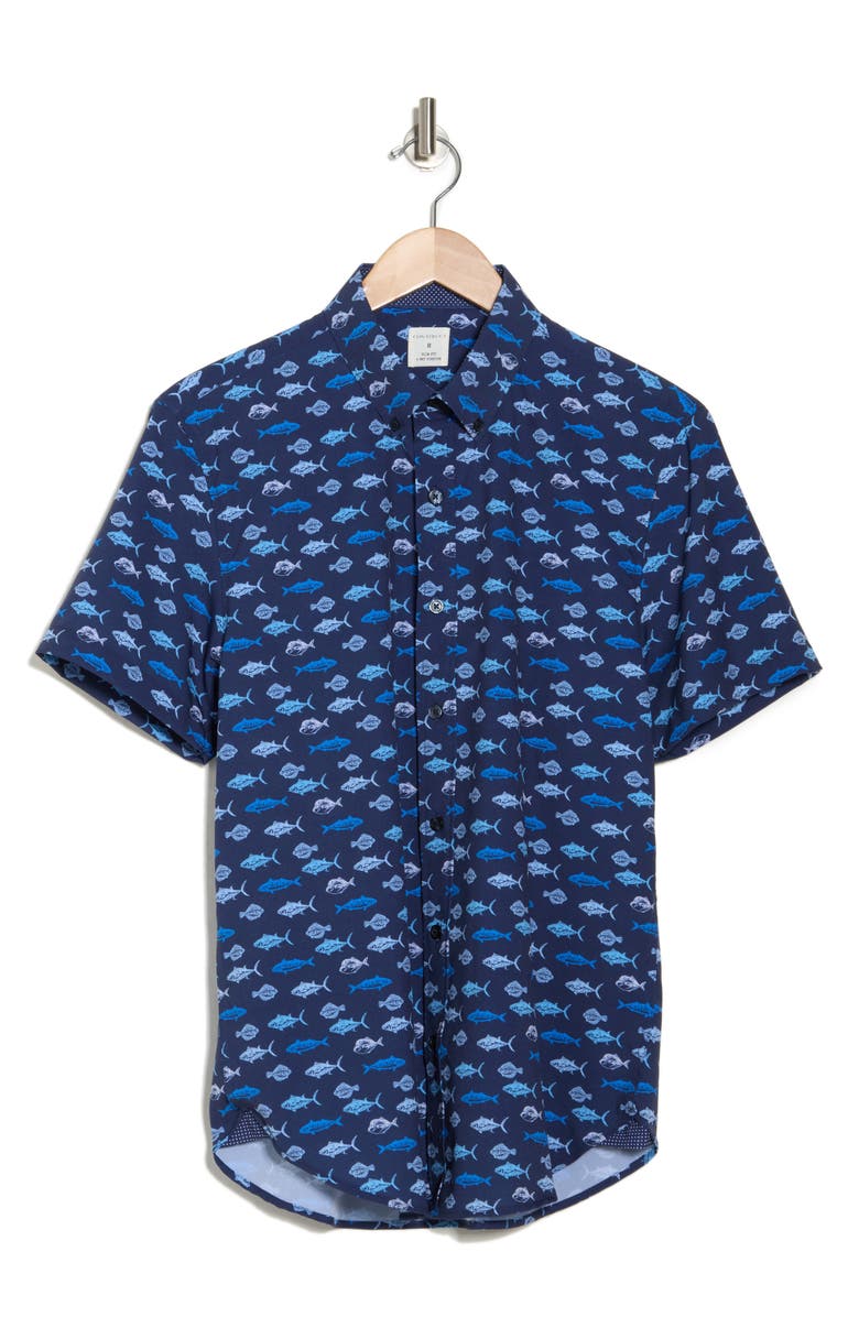 CONSTRUCT Fish Short Sleeve Button-Up Shirt, Alternate, color, Navy