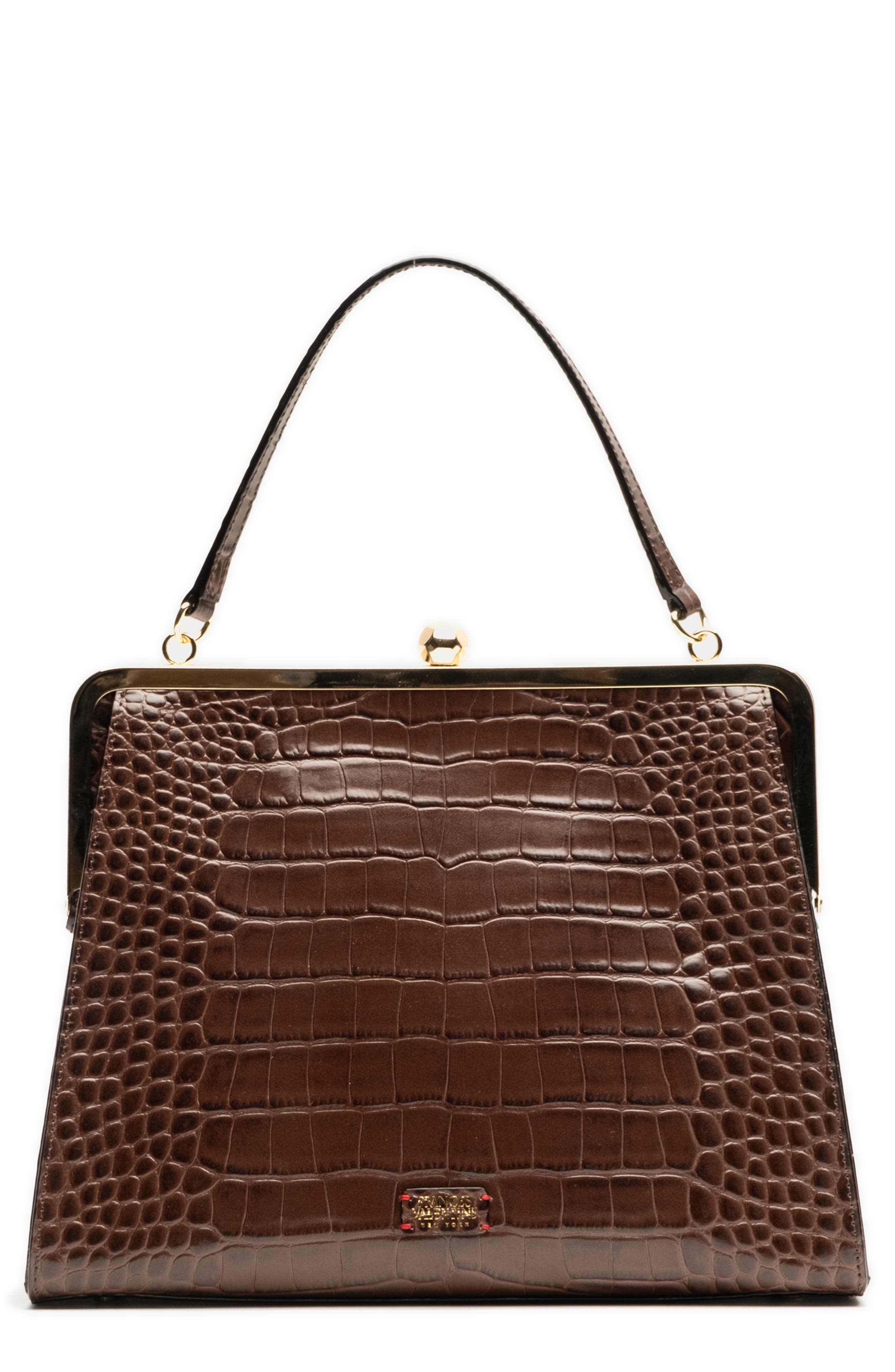 Jackie Croc Embossed Leather Frame Bag, Main, color, CHOCOLATE