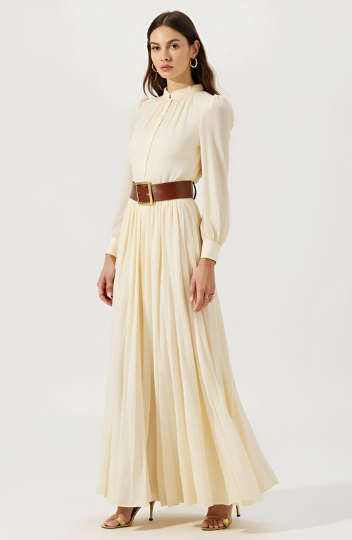 Modenaire Pleated Long Sleeve Maxi Dress With Ruffle Neck And Button Front In Neutral