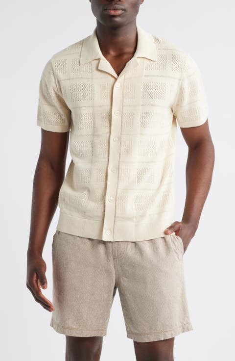Yates Pointelle Short Sleeve Cotton & Linen Knit Button-Up Shirt