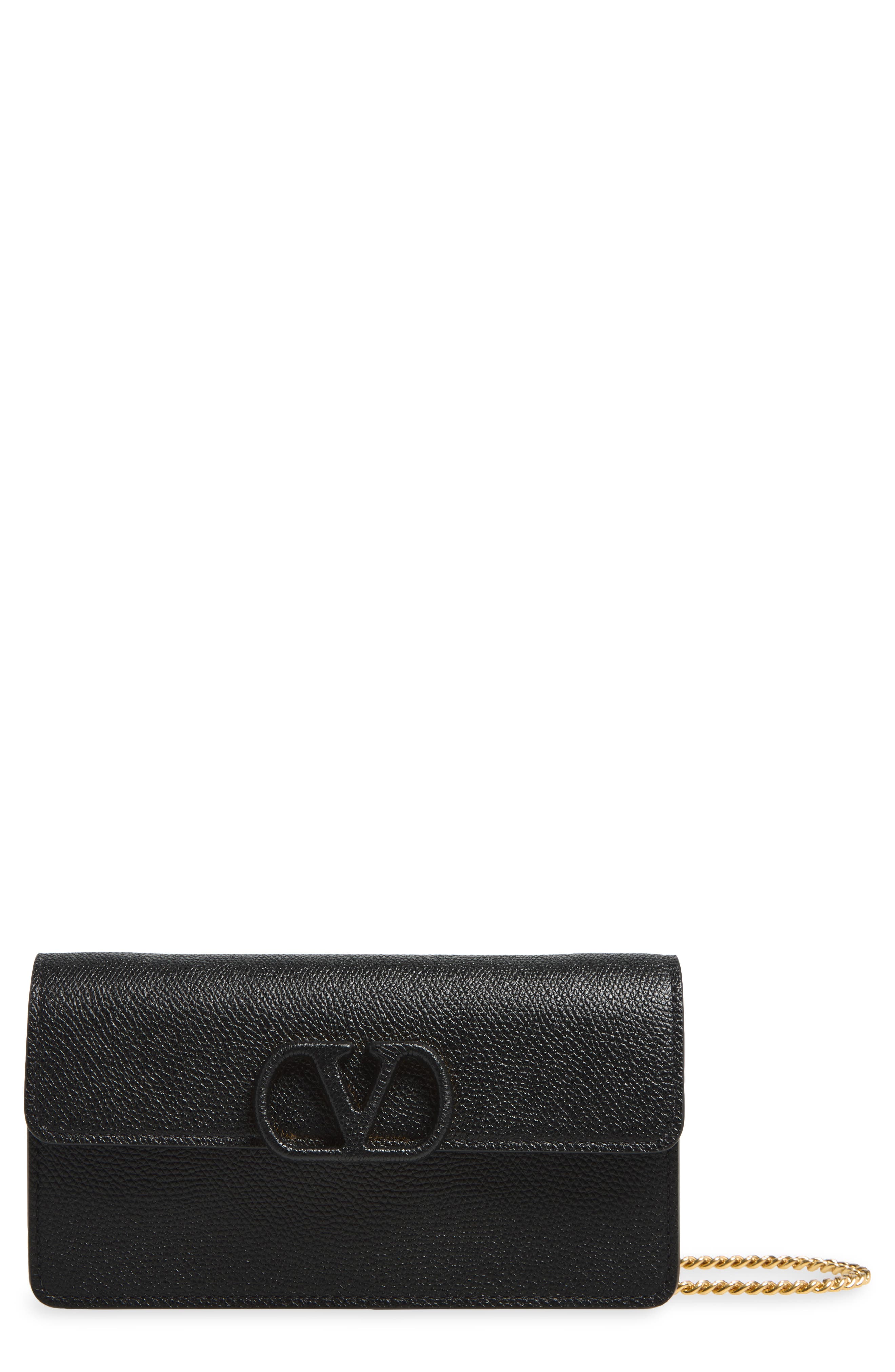 VLOGO Signature Leather Wallet on a Chain, Main, color, BLACK
