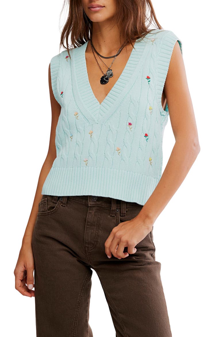 Plumeria Floral Embroidered Cable Stitch Vest, Main, color, BLUE GLASS COMBO