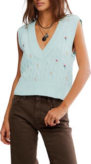 Free People Plumeria Floral Embroidered Cable Stitch Vest