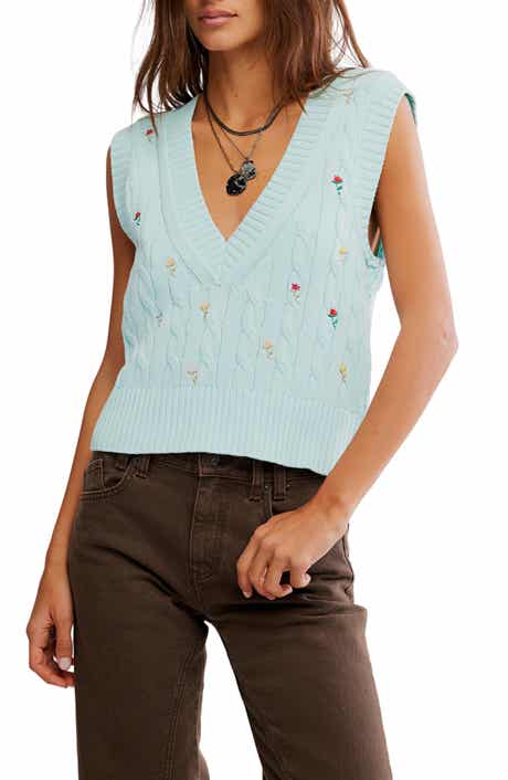 Free People Plumeria Floral Embroidered Cable Stitch Vest