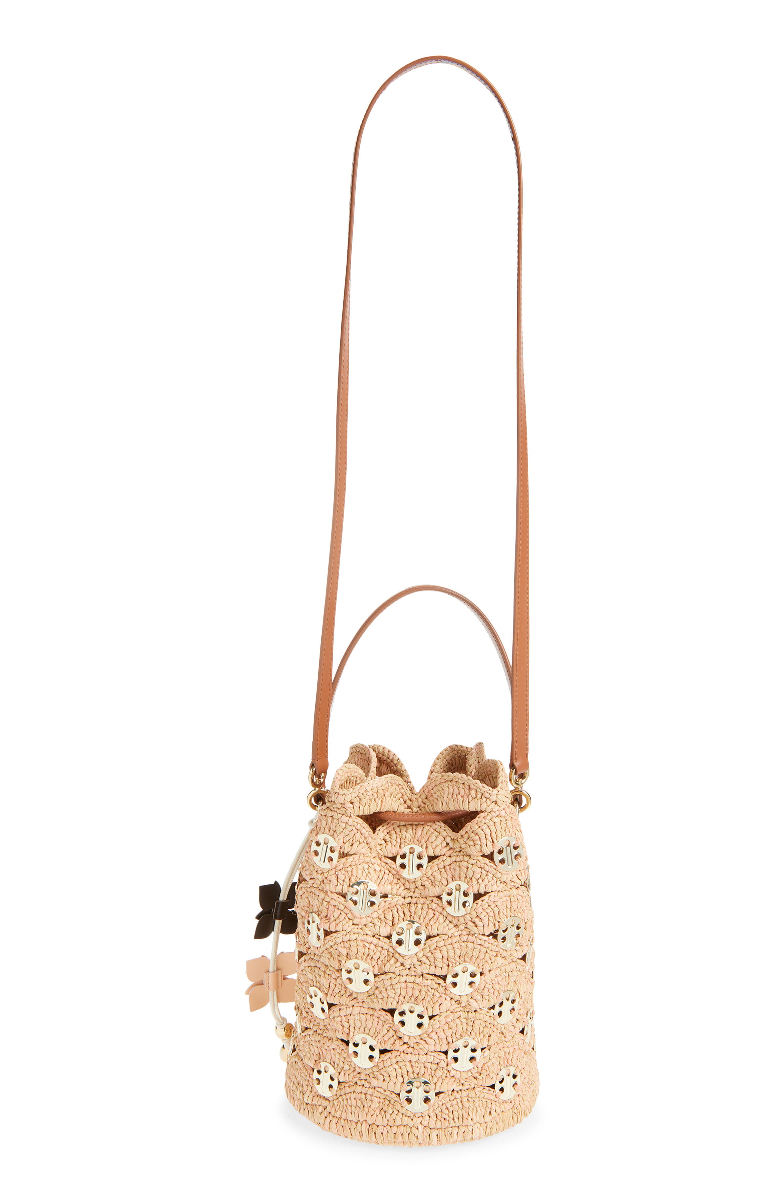 Rabanne 1969 Medium Raffia Bucket Bag, Alternate, color, Peach/ Gold