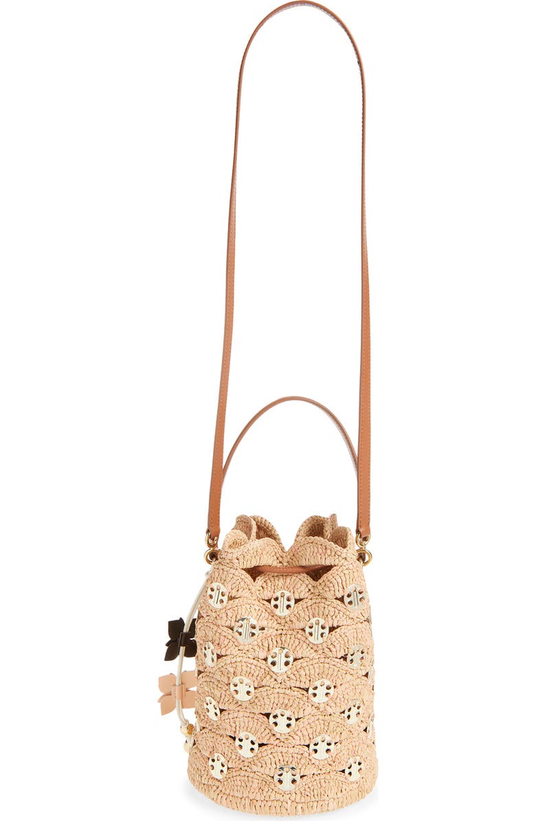 Rabanne 1969 Medium Raffia Bucket Bag, Alternate, color, Peach/ Gold