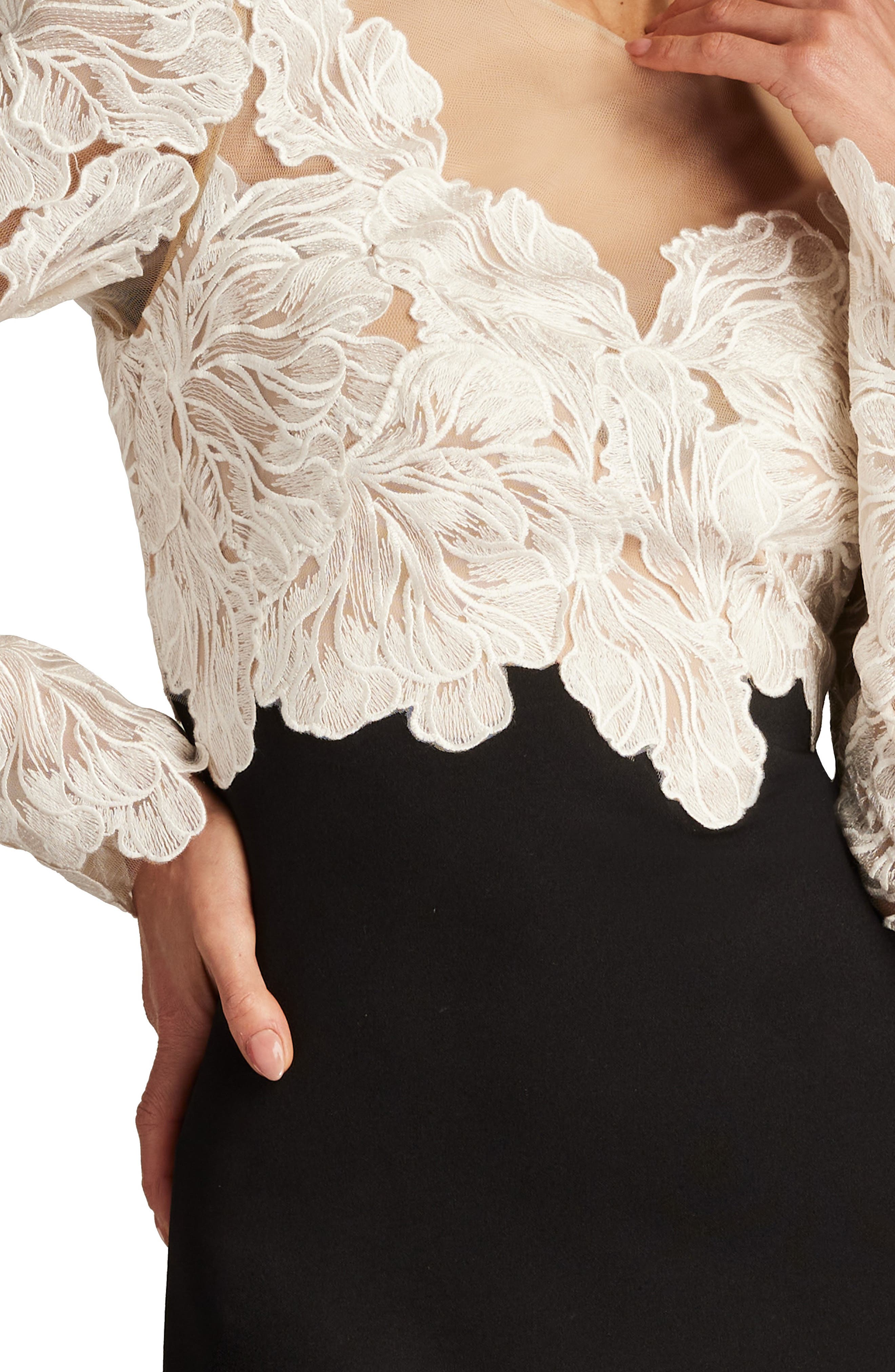 Tadashi Shoji Floral Lace Bodice Mixed Media Long Sleeve Gown
