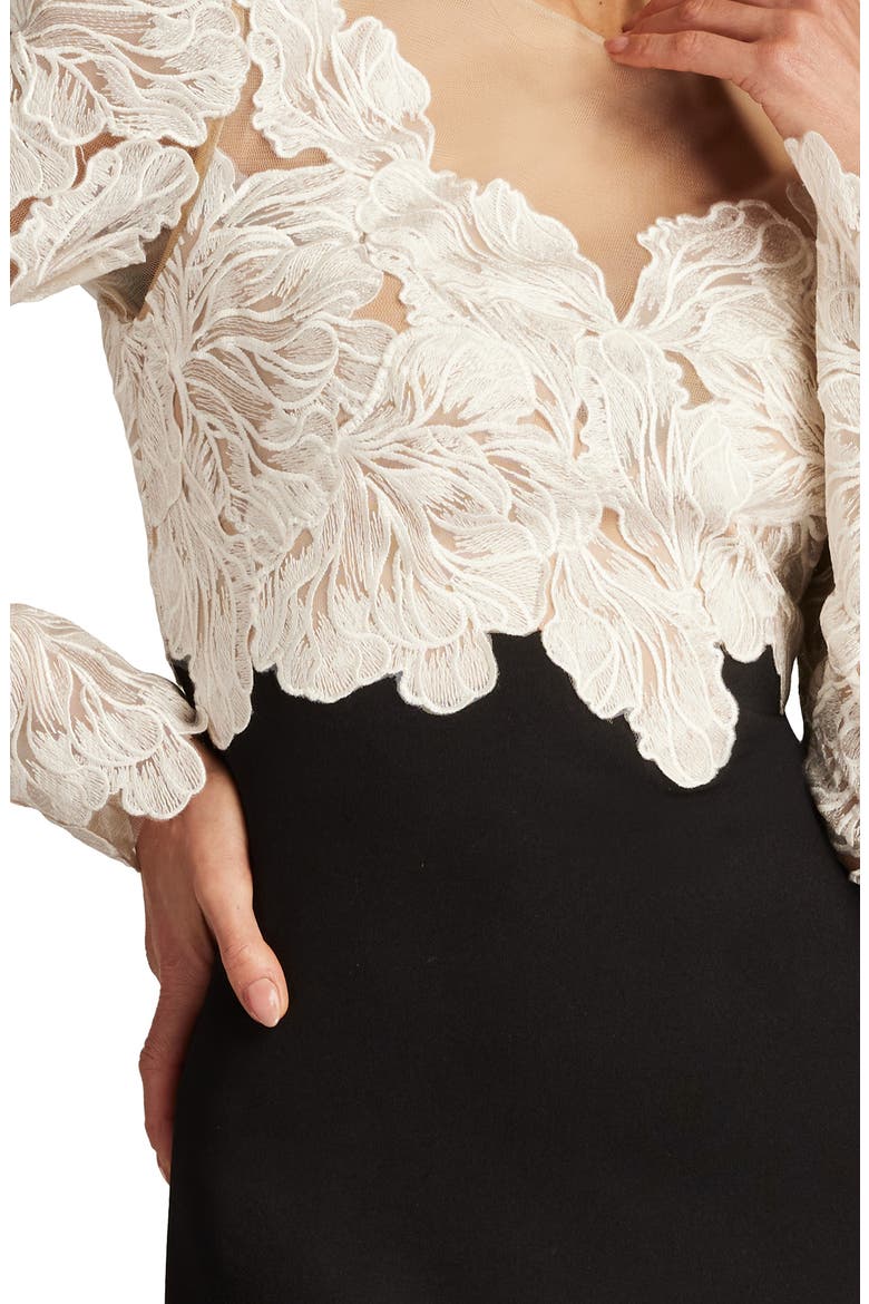 Floral Lace Bodice Mixed Media Long Sleeve Gown, Alternate, color, IVORY/ BLACK